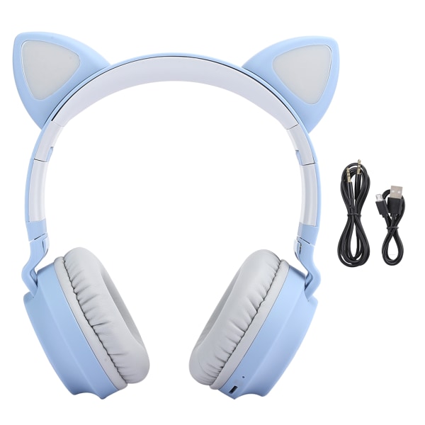 Cat Ear Bluetooth 5.0-hodetelefoner LED-støyreduksjon Unge mennesker Barn Søt hodesettstøtte Minnekort Gråblått