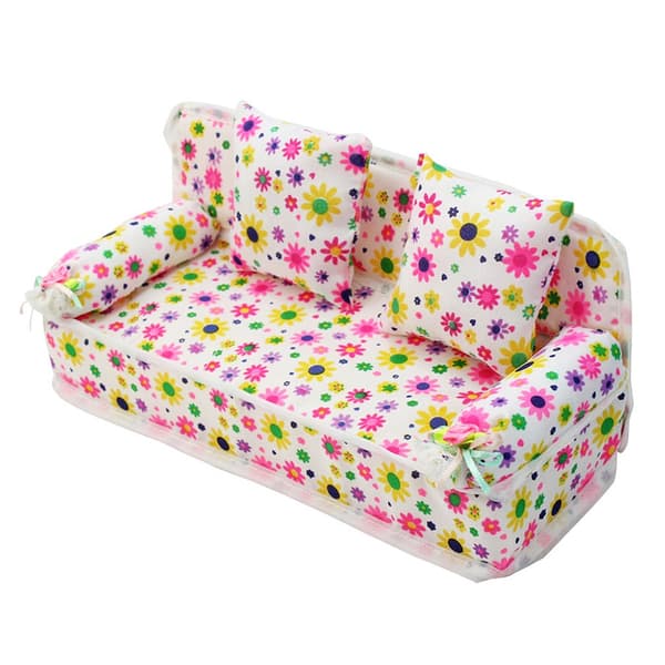 Miniature blomstersofa til børn, mini stofsofa med blomsterprint og puder, legetøj til dukkehusmøbler