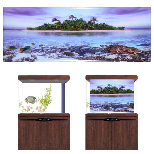 3D-effekt selvklebende kokosnøtt-tre strandplakat for akvariefisketankdekorasjon (L)