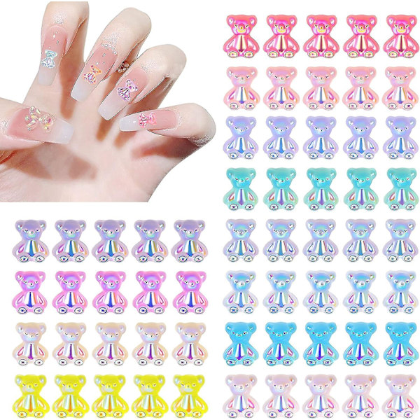 60-delad 3D-björn i harts för nagelkonstdekorationer - 12 färger, kristallbjörn nagelkulor för manikyr, DIY-prydnader med glitter