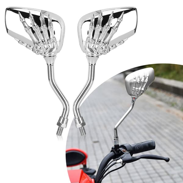 2 stk. Motorcykel Forkromede Bakspejle 8mm 10mm Gevind Skelet Kraniehånd Styrreflektor