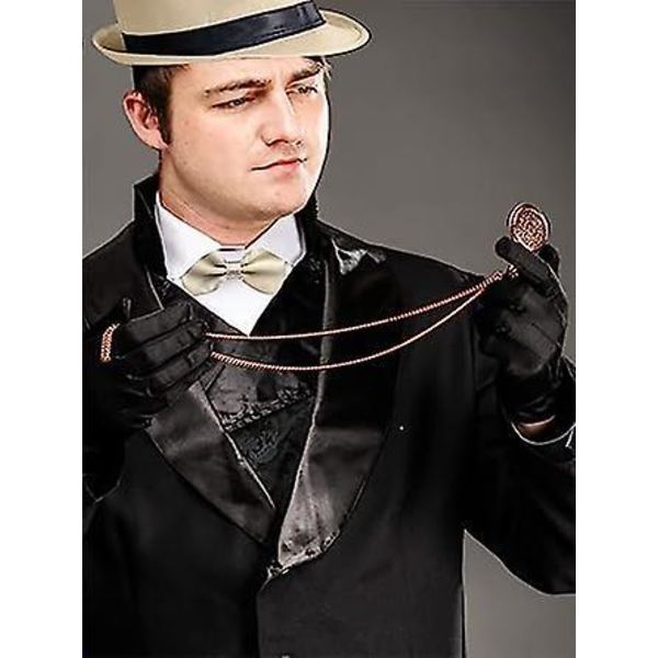1920-luvun miesten beige Gangster Flapper -asusarja, jossa Trilby-hattu, viikset ja joustavat henkselit