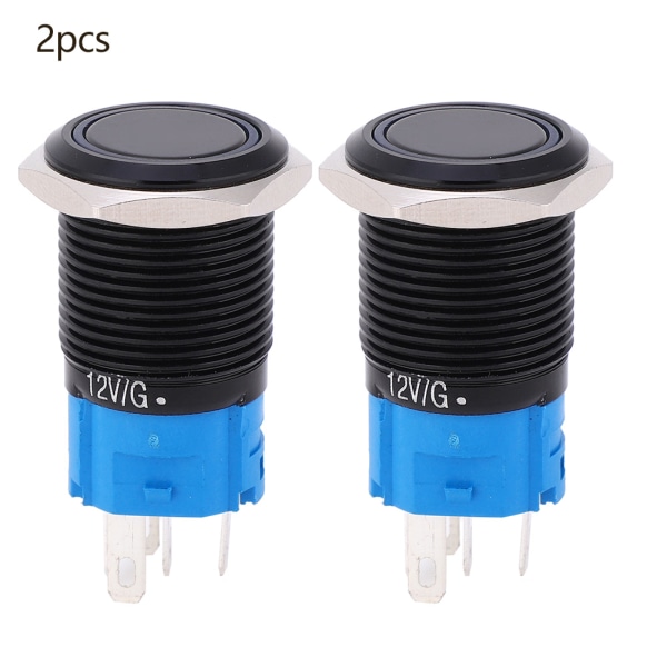 2 STK 12VDC 16mm trykknappbryter 5 pins selvlåsende IP65 vanntett knappbryter med lys (hvit)