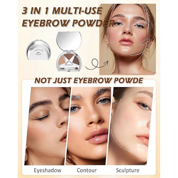 Ögonbrynspuder Makeup Kit, 3 Färger Ögonbrynspuder Långvarig Vattentät, Tonat Ögonbrynspuder Medium Mörkgrå Brun Brynutfyllnad