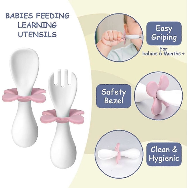 Babyskje og gaffel, 2 stk. Ergonomisk bestikk for baby, ergonomisk læringsbestikk som forenkler selv-mating (hvit)