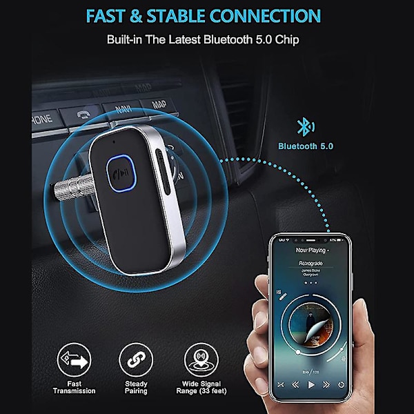 Bluetooth 5.0 Bilmodtager: Støjreducerende Bluetooth-adapter, Hjemmstereo Musikmodtager, Håndfri Opkald, 16 timers Batterilevetid