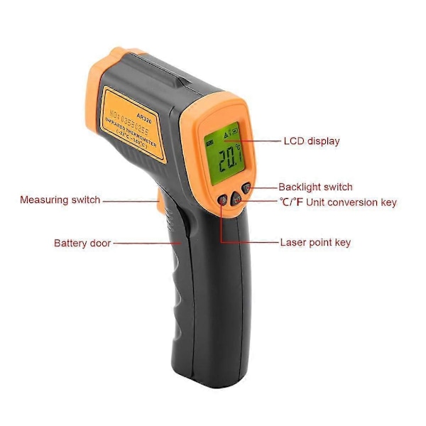 AR320 Digitalt Infrarødt Termometer, Berøringsfri LCD-skjerm, Digitalt Laser Infrarødt Termometer -32C~380C (-26F~716F)