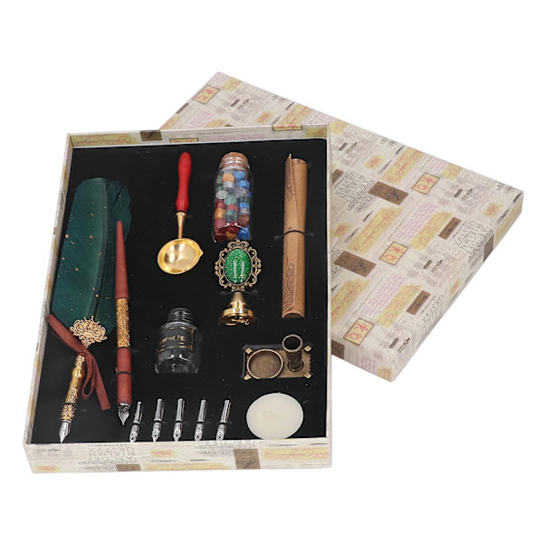 Fjäderpenna Set Retro Elegance Europeisk Stil Kalligrafi Fjäderpenna med Utbytbara Spetsar Bläck Tom Flaska Quill Pen Set Mörkgrön Prick