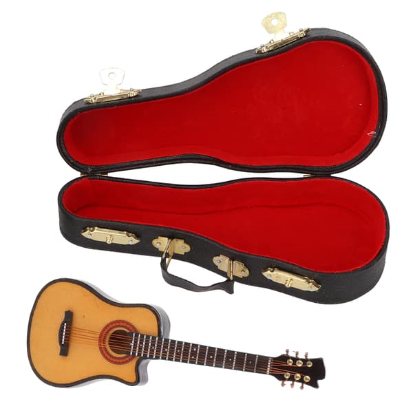 Miniatyr elgitarr modell i lindträ och metall, mini musikinstrument prydnader 13 cm Cutaway-gitarr