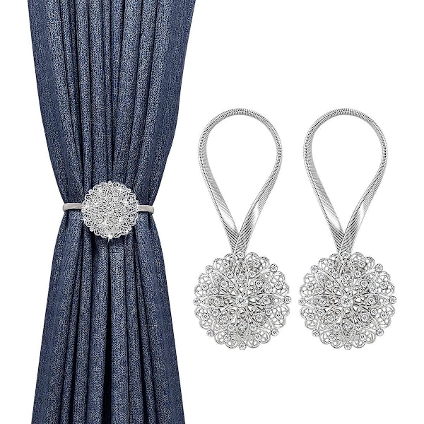 Elegante magnetiske gardinholdere - 2-pakning, krystallblomsterklips, elastiske spenner, ingen boring, hjemmekontorinnredning