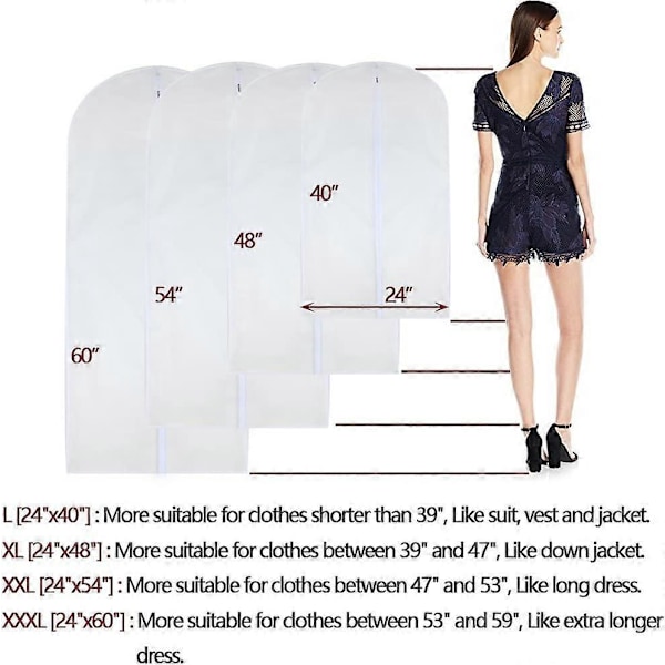 Klespose Klar 60 x 120cm (24' x 48') Lang Dresspose Støvtett Møllsikkert Klesposer Hvit Pustende Full Glidelås Støvdeksel for Dansekjole Klær P