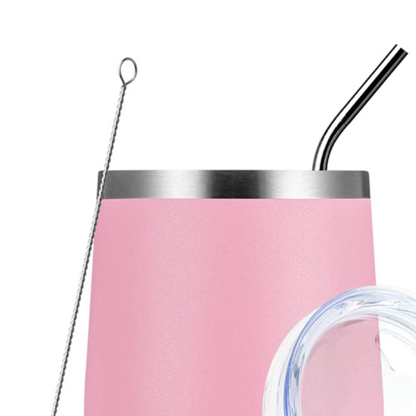 12oz 304 Rostfritt Stål Äggskalskopp Set U-formad Stor Mag Värmeisoleringskopp med Sugrör Koppslock Borste Rosa