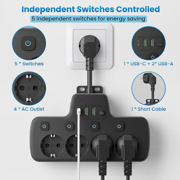4-osainen jatkojohto, yksittäin kytkettävä, pistorasia USB C:llä, 4 pistorasiaa ja 3 USB-porttia, kaksoispistoke pistorasiaan, seinäkiinnitys, useita pistokkeita