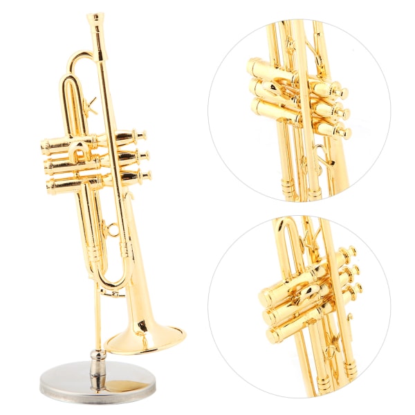 Miniature trompetreplika med stativ og urkasse Guldbelagt instrumentmodel musikalske ornamenter