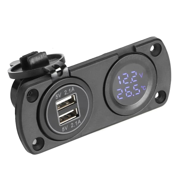 Temperatur Voltmeter Lader Bil Dobbel USB 12V Strømuttak Sigarettenneruttak Blå
