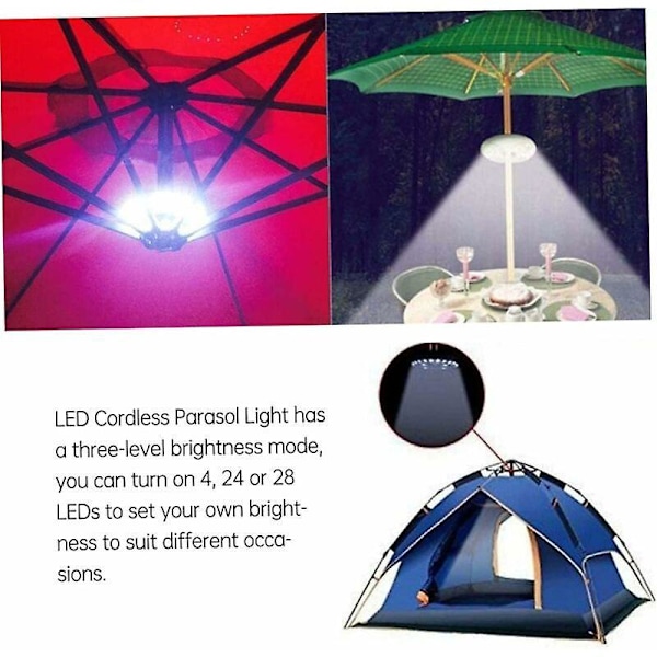 Umbrella Lights, Patio-varjon valo johdoton LED-varjon valo 3-tasoinen himmennys Johdoton LED-varjolamppu 28 superkirkkaalla LEDillä retkeilyyn