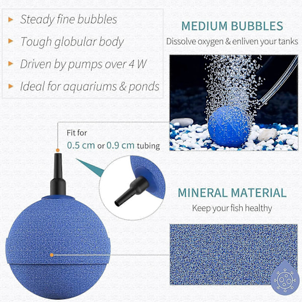Akvarium 5cm Blå Luftstein Ball Boble Diffuser Utløserverktøy for Luftpumper Akvarier Bøtter Dammer og DWC Tanker, Sett med 4