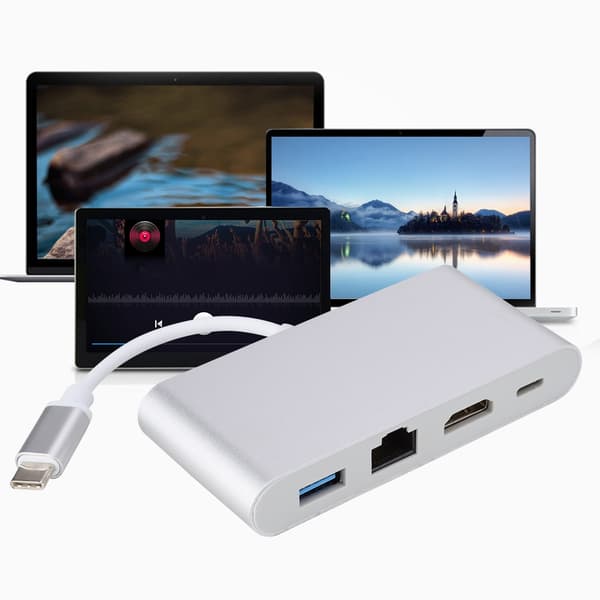 4-i-1 Multifunktionell Typ C till USB3.0+RJ45+HDMI+PD-omvandlare 4K Videoadapterhubb