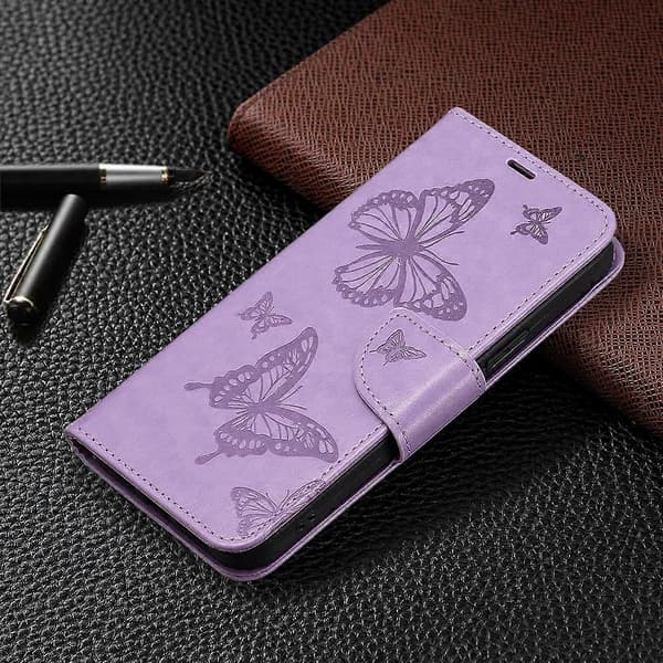 Flipcover med stativ og pung til Samsung Galaxy S23 FE, sommerfuglepræget læderbeskyttelse med rem