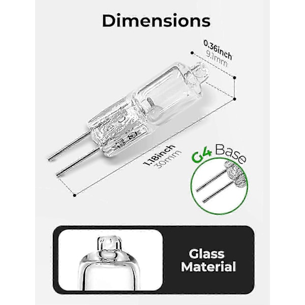 G4 Halogenpærer, 20W G4 Pære, 12V Halogen Pin Base Lampe, 2700K Varmhvit, 300LM, G4 Lavspennings Halogenlampe, Transparent Kapsel Lampe, Pakke med 10