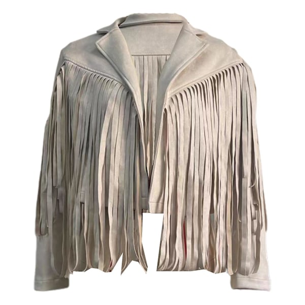 Moderigtig Beige Faux Suede Tassel Jakke med Hakket Lapel - Kvinders S