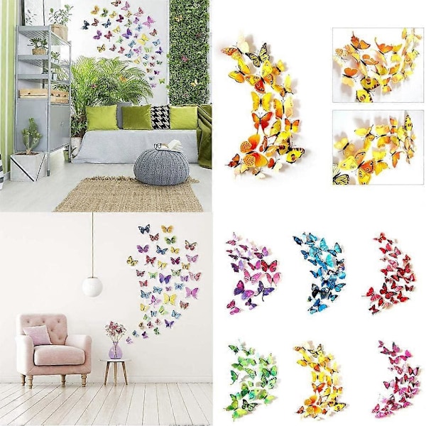 72 stk. 3D Sommerfugl Veggklistremerker, Enkeltlags Vinge Sommerfugl Kunst Dekor Dekaler med Magnet og Dobbeltsidig Lim for Rom Hjem Barnerom Dekor (6 F