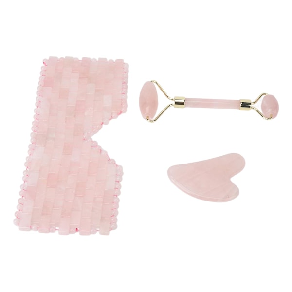 Gua Sha-sett i rosa krystall for øyefascial skraping og jadestenrullesett for hudpleie og muskelavslapping