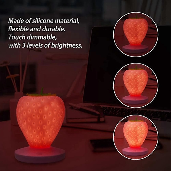 Jordgubbsnattlampa, Söt Silikon Nattlampa, Barn Nattlampa, LED Nattlampa, Sänglampa för Barn, USB Uppladdningsbar, 3 Touch Kontrolllägen (Rosa)