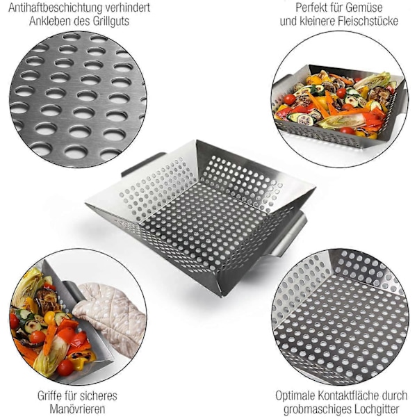 BBQ grøntsagskurv i stål - Non-stick grillkurv med 2 oliebørster - BBQ madlavningskurv til grøntsager, fisk og kød - Velegnet