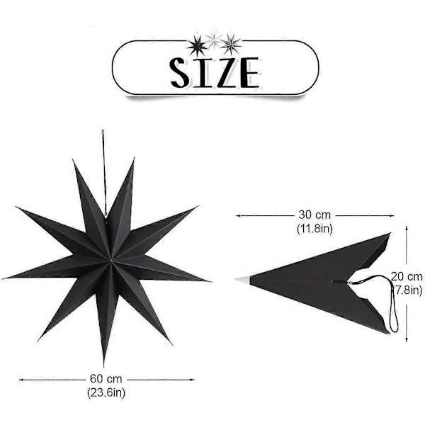 60 cm Pappersstjärna Dekorationsset med 3 Vikbara Stjärnor Nonagon Julstjärna Dekoration (Svart & Vit & Grå)