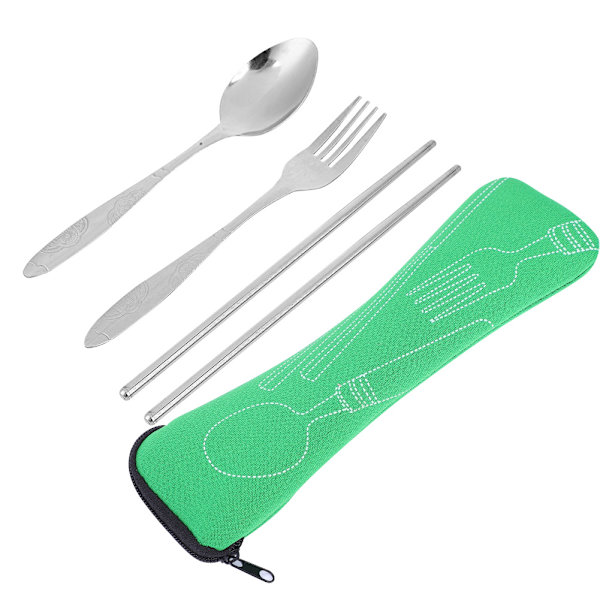 Bärbar sked i rostfritt stål ätpinnar med förvaringsväska Camping set(grön)