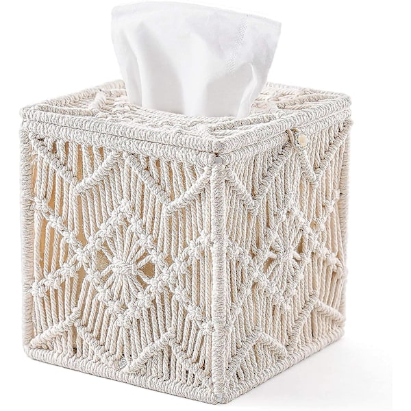 13,9 x 15,2 cm. Fyrkantig pappersnäsdukslåda med makramépärlsögla för badrum, sminkbord, vardagsrum, kontor