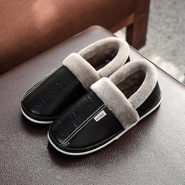 Cozy Waterproof Home Slippers for Men and Women - Big Size, PU Leather, Winter Warmth, Cotton Shoes 38-39(fit 37-38) Black-B