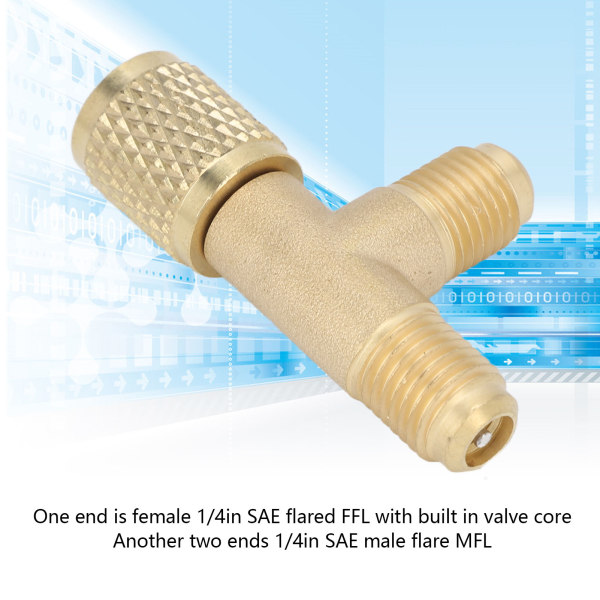 Kestävä messinkipikaliitin T-sovitin venttiilillä - 1/4" SAE - R22 R12 R134 - kulta (1 kpl)