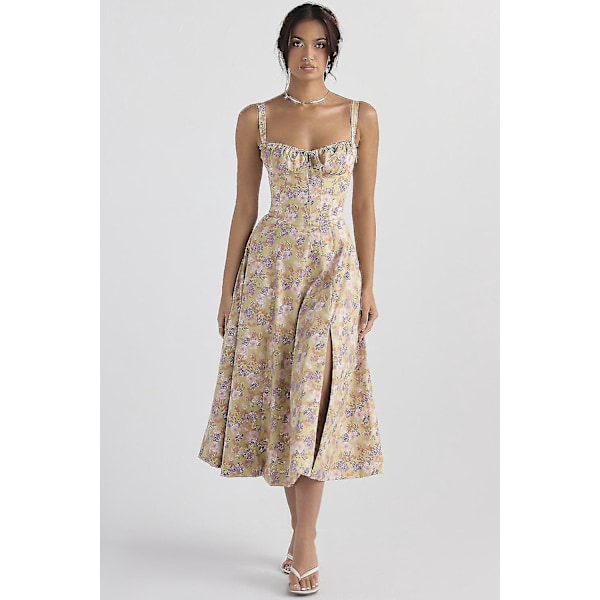Kvinders Blomsterprint Ærmeløs Rynket Bryst Split Lår Boho Midi Kjole XL Gul Lilla Hvid Blomst