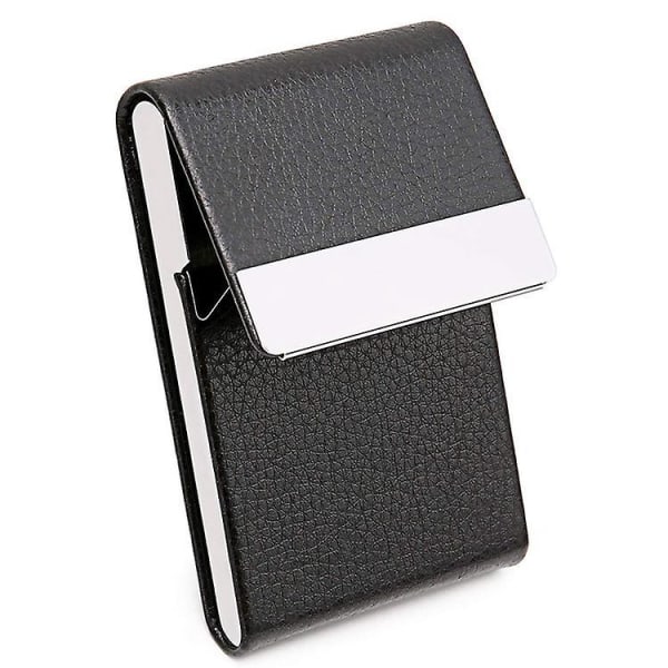 Tyylikäs musta synteettinen nahkainen käyntikorttiteline ohuella case ja magneettisella suljuksella kortin täydelliseen säilytykseen