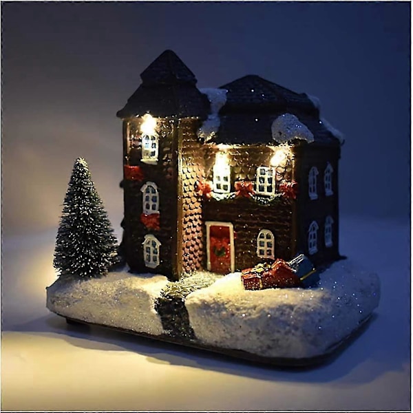 Juledekorationer Sne Hus Vinterlandsby Med LED Lys, AAA Batteridrevet Julelandskabsdekoration Ornament 1 stk. sort