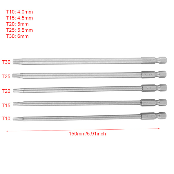 5 kpl 150mm 1/4" kuusiovarsi T10-T30 magneettinen turvatähti BST ruuvimeisselin kärkisarja