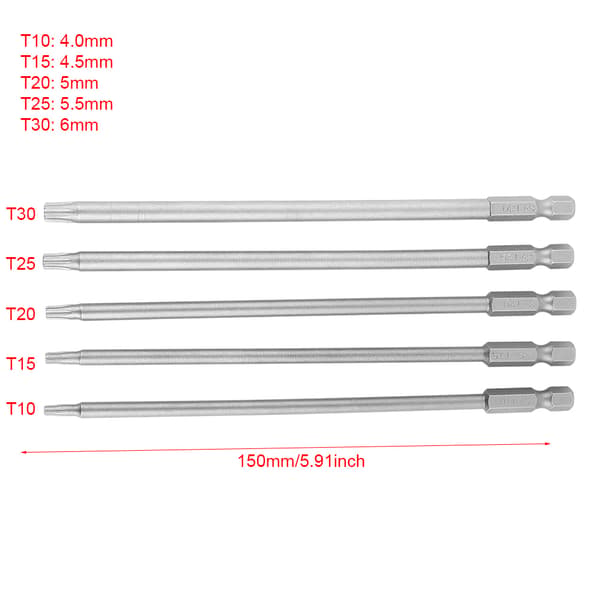 5 stk. 150 mm 1/4\" Hex Shank T10-T30 Magnetisk Sikkerheds Star BST Skruetrækker Bits Sæt