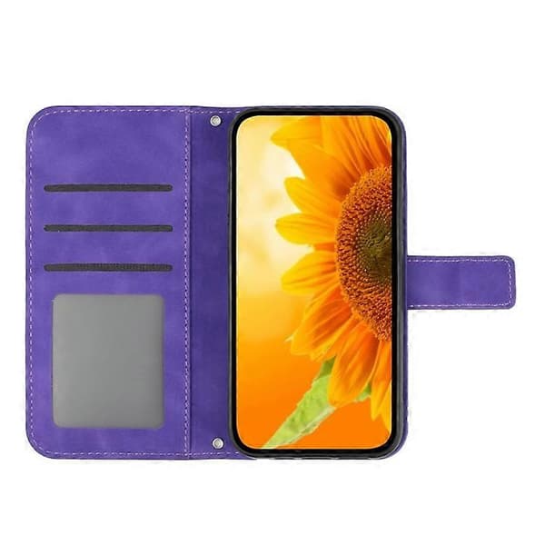 Kompatibel med Samsung Galaxy A17 Etui Solrosmönster Läder Plånboksfodral med Handledsrem DarkPurple