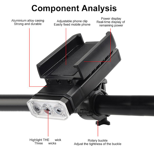 Cykellygte 3LED USB Genopladelig Roterbar Forlygte med Strømanvisning Mobiltelefonholder 6 Lystilstande til Udendørs Natkørsel