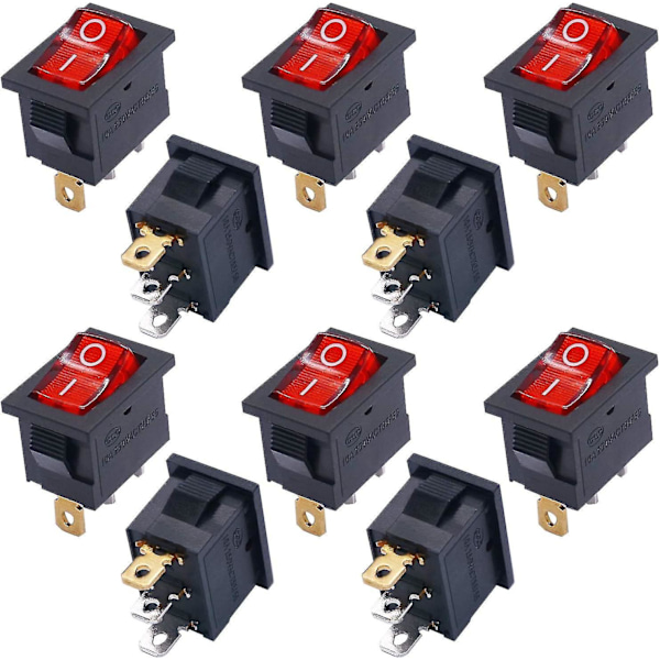 10 st Vippströmbrytare Rött Ljus Belyst På/Av SPST 3 Stift 2 Lägen KCD1 Snäpp AC 250V/10A 125V/12A KCD1-2-101N