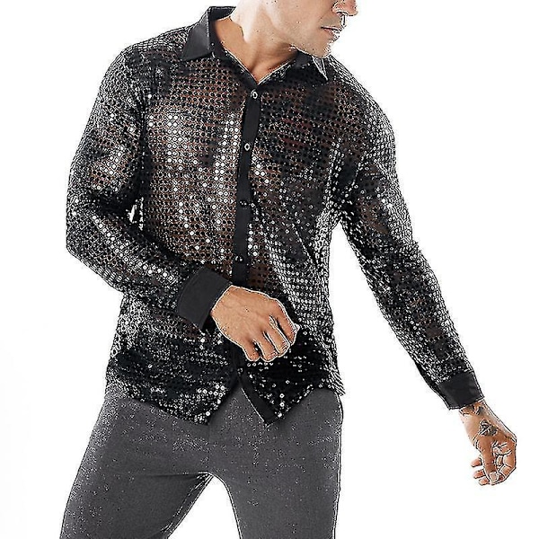Glittrande Mesh Disco Dans Skjorta för Män, Svart Storlek M