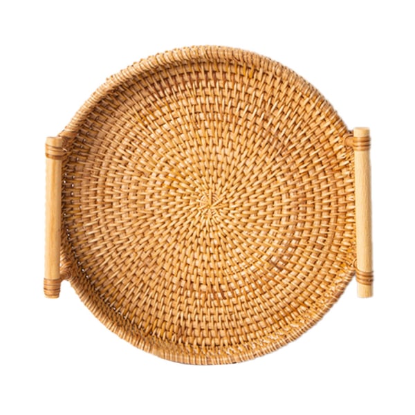 Håndvævet rund flettet bakke af rotting til servering af brød, frugt, desserter og snacks med håndtag, diameter 24 cm, højde 3 cm