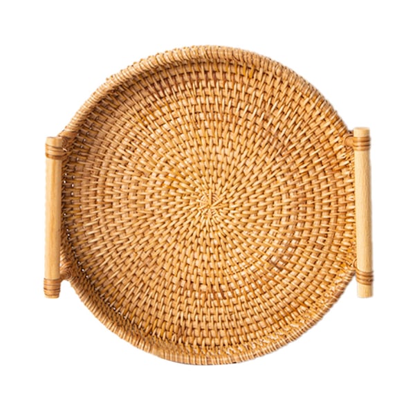 Håndvevd rund flettet serveringsbrett i rotting, brødfrukt dessert snacks kurv med håndtak, diameter 24 cm, høyde 3 cm