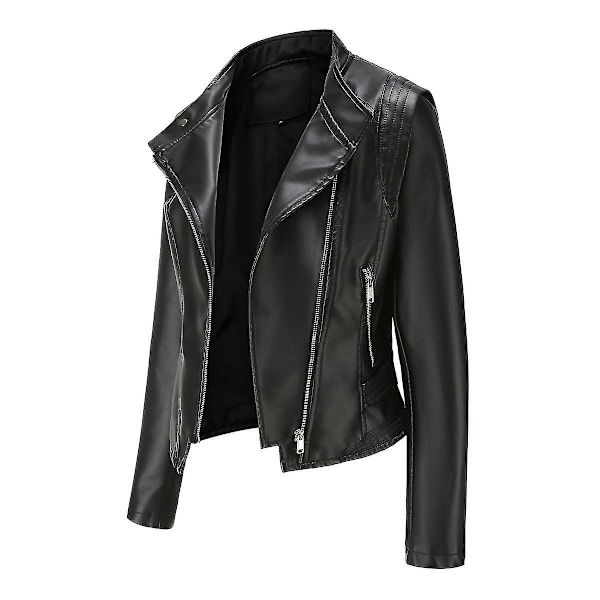 Stilful Dame Sort Slim Kunstlæder Biker Zip Jakke
