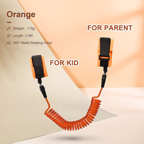 2 pakke 2,5 m anti-tapt barnearmbånd med 360 rotasjon, komfortabel babysikkerhetssele i oransje