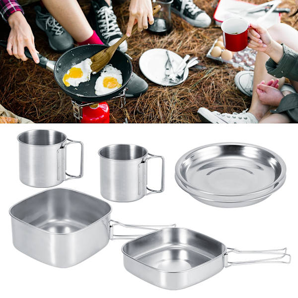 6-delad rostfritt stål bärbar utomhus resecamping picknick köksredskap matlagningsgryta kastrull set