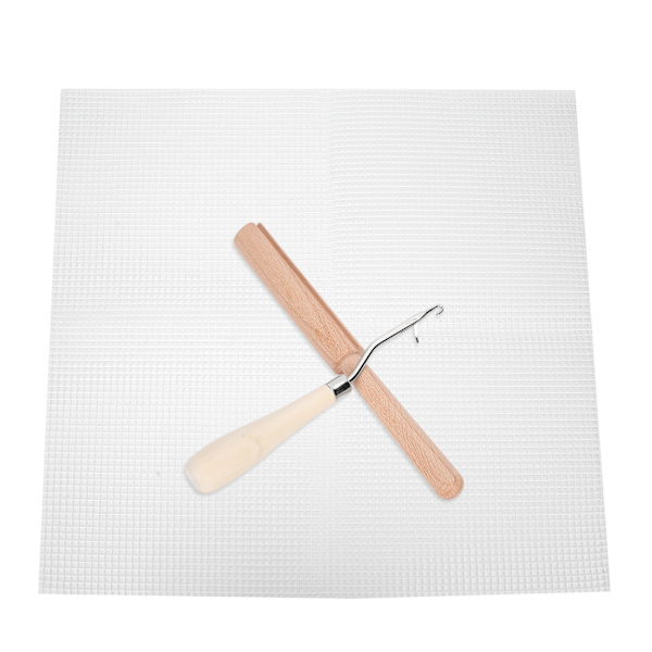 Mesh stof DIY håndlavet tæppe vævet gitterstof materiale 50x50cm træhåndtag hækling