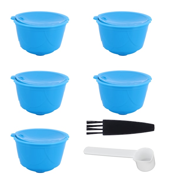 Påfyllningsbar kaffekapsel filterkopp kit tillbehör för DOLCE GUSTO kaffemaskin (Blå 5 kapslar 1 sked 1 borste)